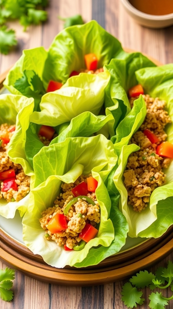 Asian Ginger Chicken Lettuce Wraps Recipe Asian ginger chicken lettuce wraps filled with ground chicken and vegetables, served on a wooden platter with dipping sauce.